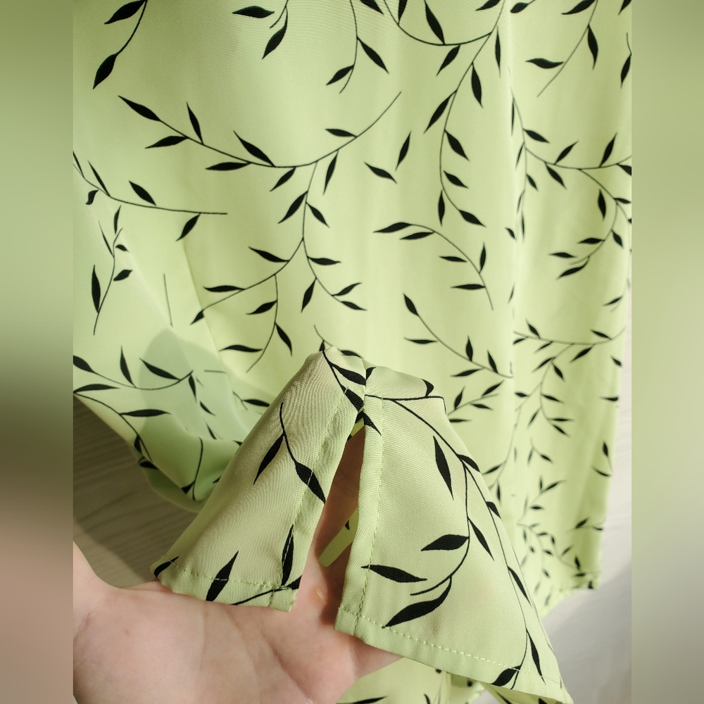 elementz Black Vine Leaf Pattern Short Sleeve Button-down Pistachio Green Blouse - Picture 8 of 13